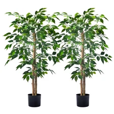 2Packs 4FT Artificial Ficus Trees with Realistic Leaves and Natural Trunk, Fa...