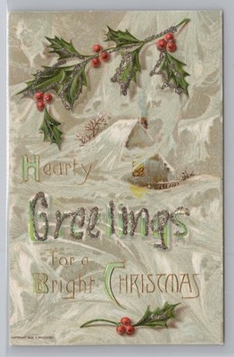 Hearty Greetings Bright Christmas Holly c1909 Glitter Postcard