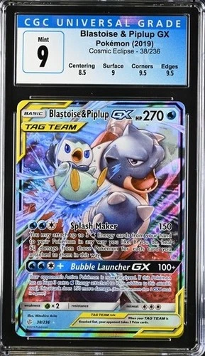 Pokémon Blastoise & Piplup GX 2019 Cosmic Eclipse 38/236 Holo CGC 9