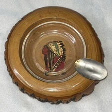 RARE VTG Wooden Carved Ashtray Indian  Chief With Glass Insert And Metal Holder