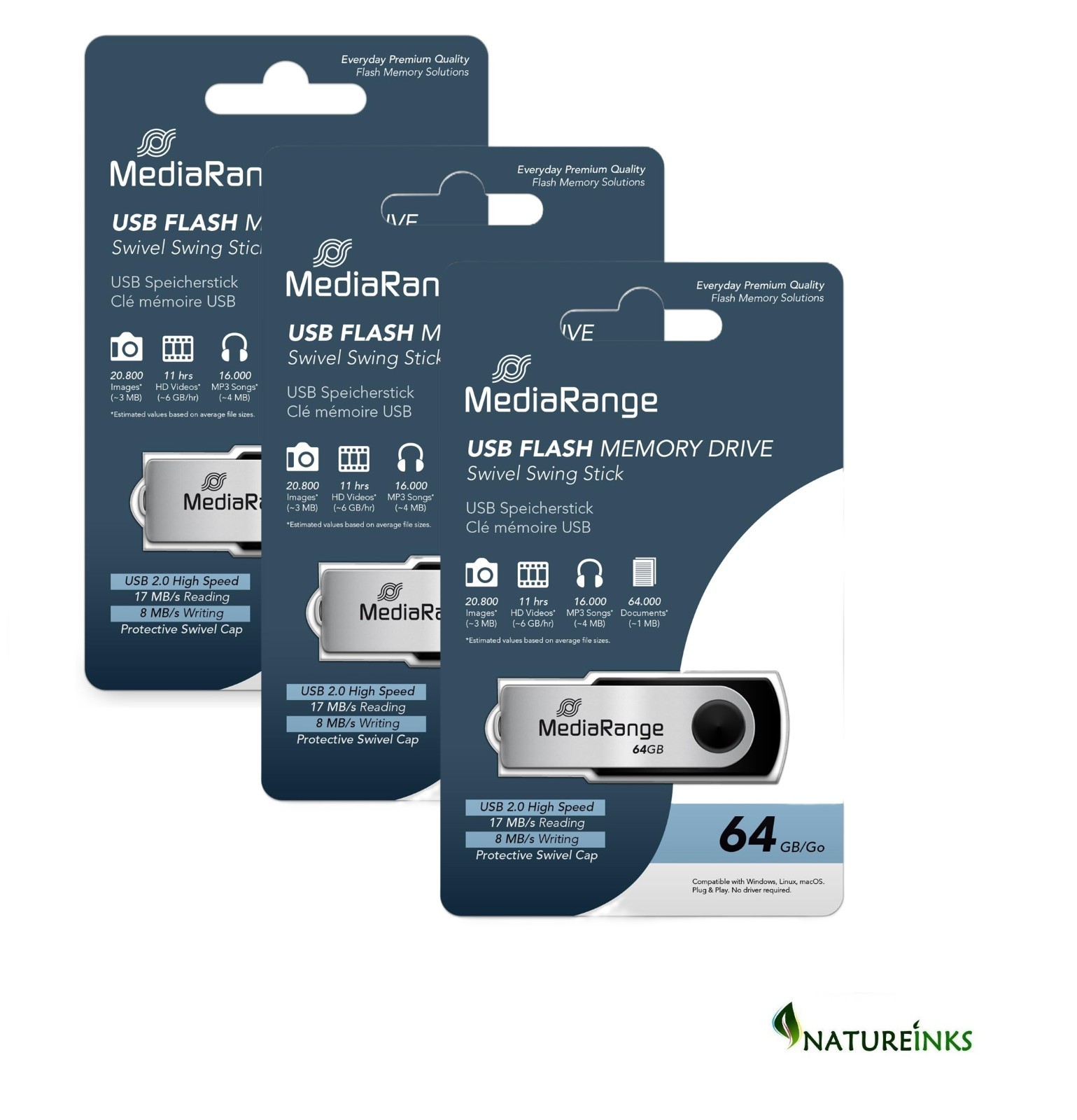 3 MediaRange MR912 Pen Drive Thumb Flash drive USB Stick 64GB 17MB/s USB 2.0