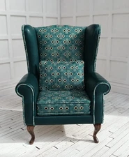 Miniature Wing Chair w Cushion Dollhouse Furniture 1/12 Scale Handmade by Jaydee