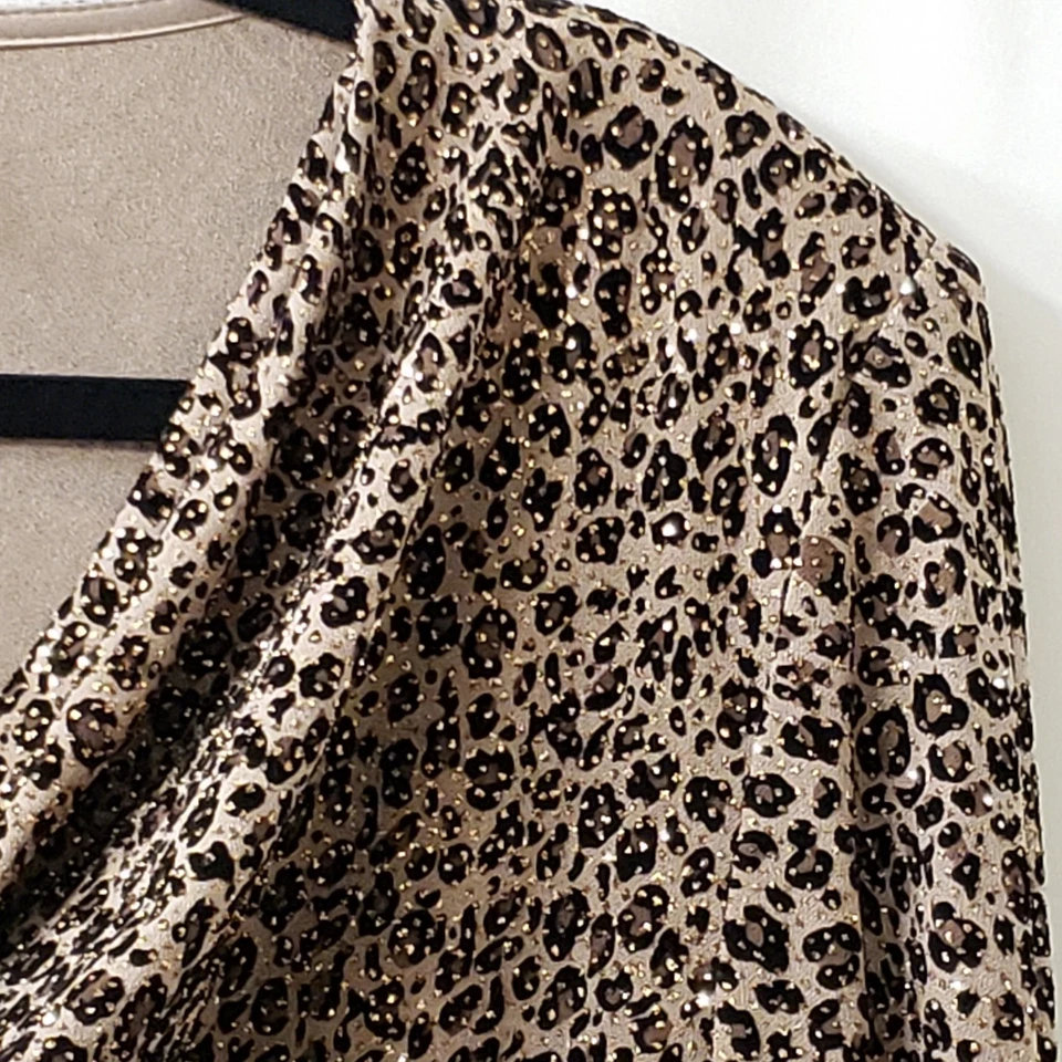 De Colección Alex Evenings Top 2X Brillante Leopardo Capucha Cuello Redondo Dorado Brillo Cóctel Foto 3 de 4