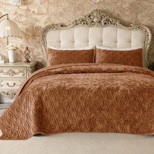 Queen Velvet Quilt Bedding Set 90x98 Bedspread with 2 Pillow Shams Caramel