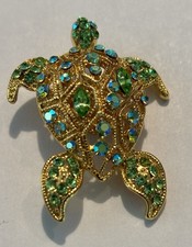 VTG Sea Turtle Tortoise Green Rhinestone Gold Tone Brooch Pin Aurora Borealis
