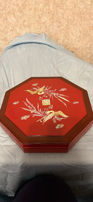 Large Octagon Red Lacquer And Mother Of Pearl Sectional Box