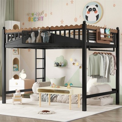 Full Size Metal Loft Bed with Ladder,Storage Shelves & Bookshelf for Kids,Black