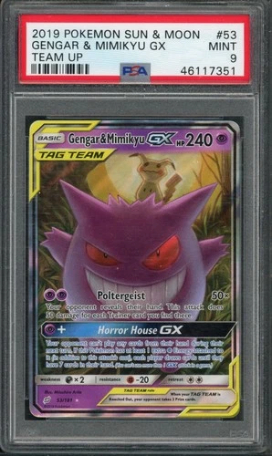 Pokemon PSA 9 Mint Team Up Ultra Rare Gengar & Mimikyu GX 53/181