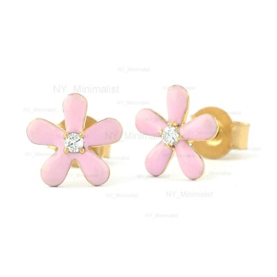 Rosa Emaille Diamant Floral Minimalistische Ohrstecker Massiv 14K Gelbgold Fein