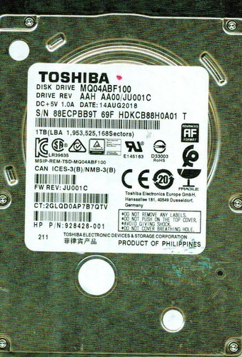 MQ04ABF100 AAH AA00/JU001C, HDKCB88H0A01 T TOSHIBA SATA 1TB 69 F AUG 2018 - 第 1/1 張圖片