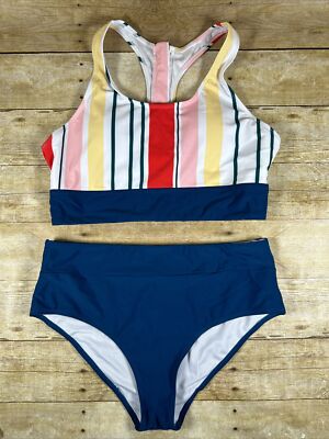 2-Piece Swimsuit Womens Large Bikini Top & Bottoms Striped Padded NWOT