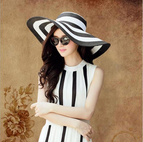 Summer Anti-UV Wide Brim Straw Hat Women Beach Floppy Striped Outdoor Cap - Picture 11 of 28