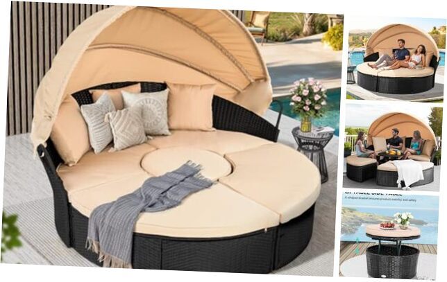 Outdoor Furniture Patio Round Daybed with Retractable Canopy, Soft Beige