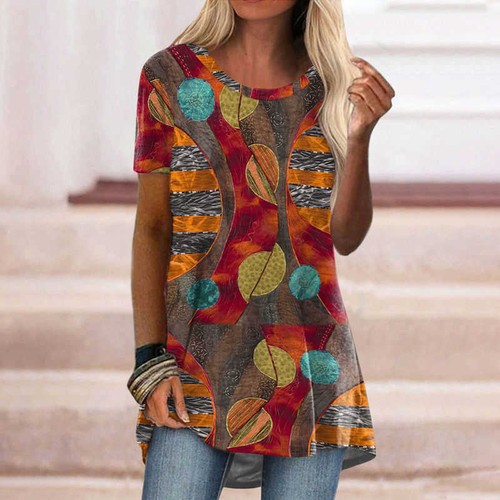 Ladies Tunic Long Tops Shirts Blouse Plus Size Summer Print Pullover T-shirt Tee - Picture 14 of 60