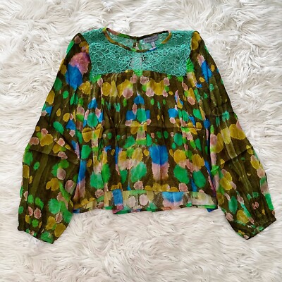 ANTHROPOLOGIE Conditions Apply L Green Lace Boho Peasant Watercolor Blouse NEW