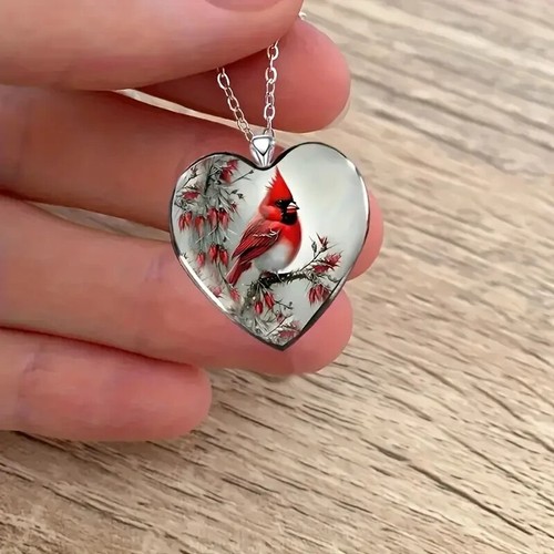 Cardinal Heart Shaped Necklace Jewelry Holiday Gift For Friends Red Bird - Picture 3 of 4
