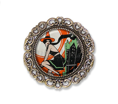 Vintage Halloween Witch Flying In City Handmade Round Scroll BROOCH pin Jewelry