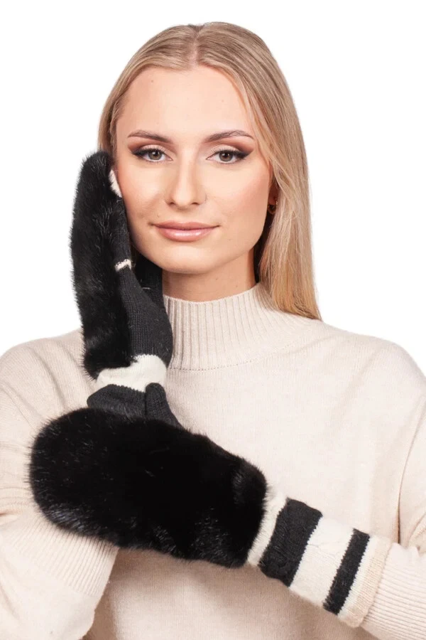 Women's Striped Black &Beige Flip Top Real Mink Fur Mittens With Long Wrist Area