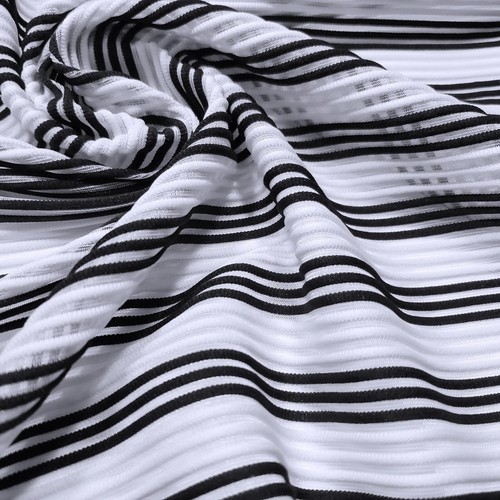 Black and White Raised Rib Stripe 2-Way Stretch Mesh Fabric - Picture 3 of 10