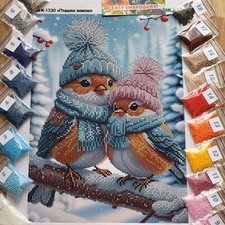 Bead Embroidery Kit Winter Birds, DIY Beaded Cross Stitch, Bird Beadwork