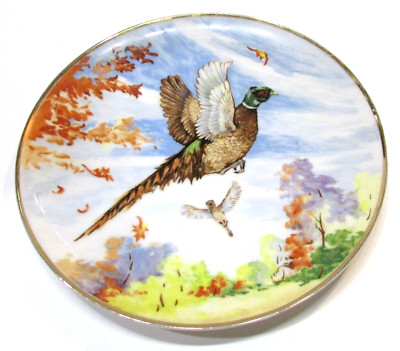 1960s Rooster Hen Flying Ring Necked Pheasant Hand Painted Japan Porcelain Plate