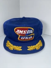 Vintage AMS Oil USA Blue Patch Snapback Trucker Mesh Hat Gold Leaf Amsoil