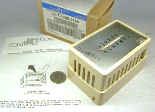 JOHNSON CONTROLS T-4000-2146 THERMOSTAT BEIGE COVER W/ THERMOMETER 3-18" L 2-1/1