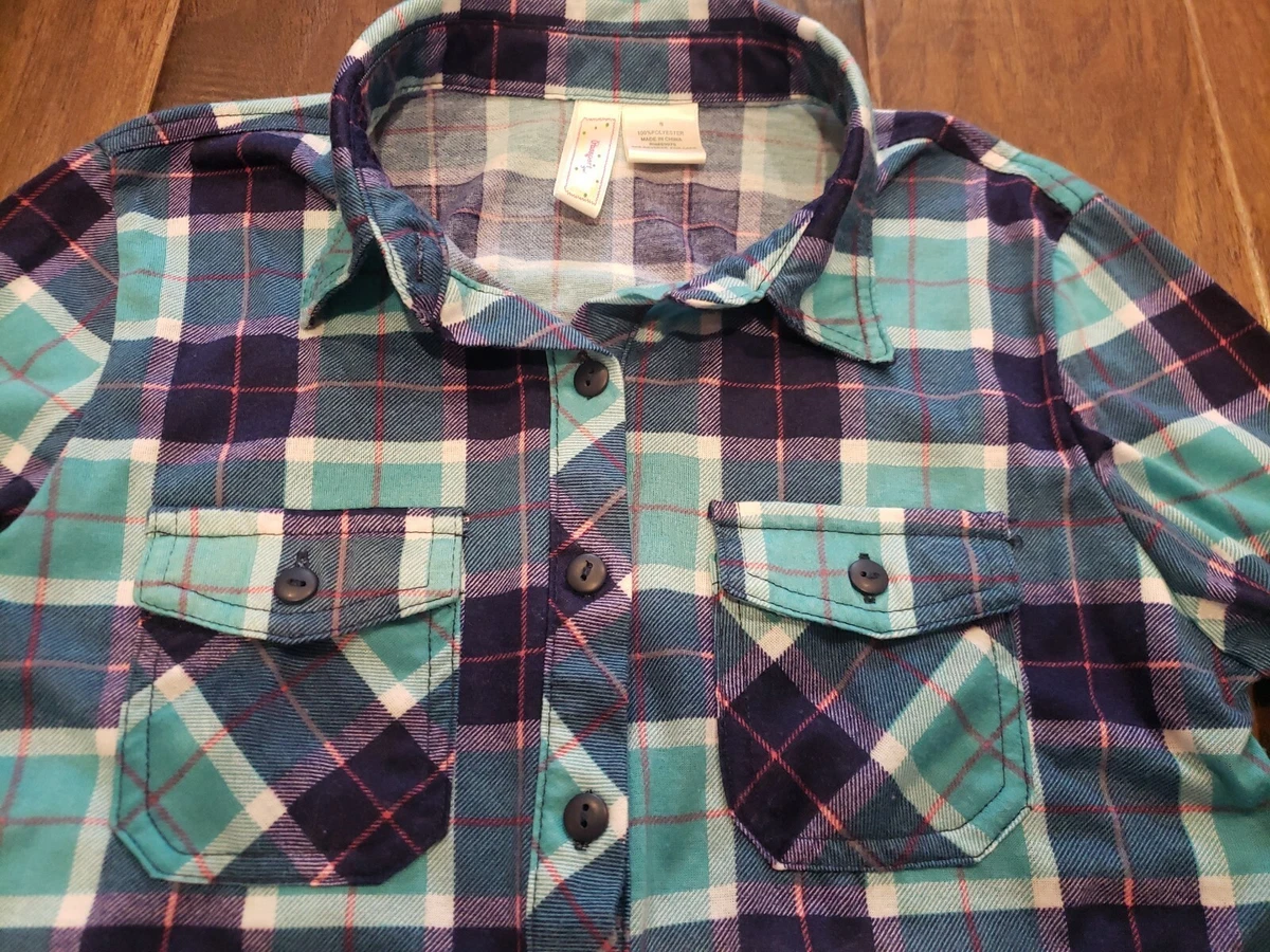 Girls Turquoise Teal Pink Purple Blue Plaid Shirt Size Small 8 10