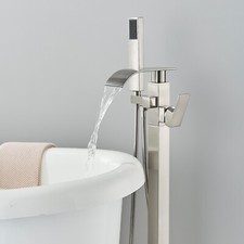 Brushed Nickel Floor Mount Freestanding Bathtub Faucet Tub Filler w/Hand Shower