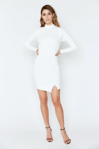 BARDOT MINI RIB KNIT DRESS IN IVORY 