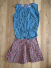 VTG 60s 70s Wool Teal Red Houndstooth Plaid Belted Dress Handmade SEE DIMEN