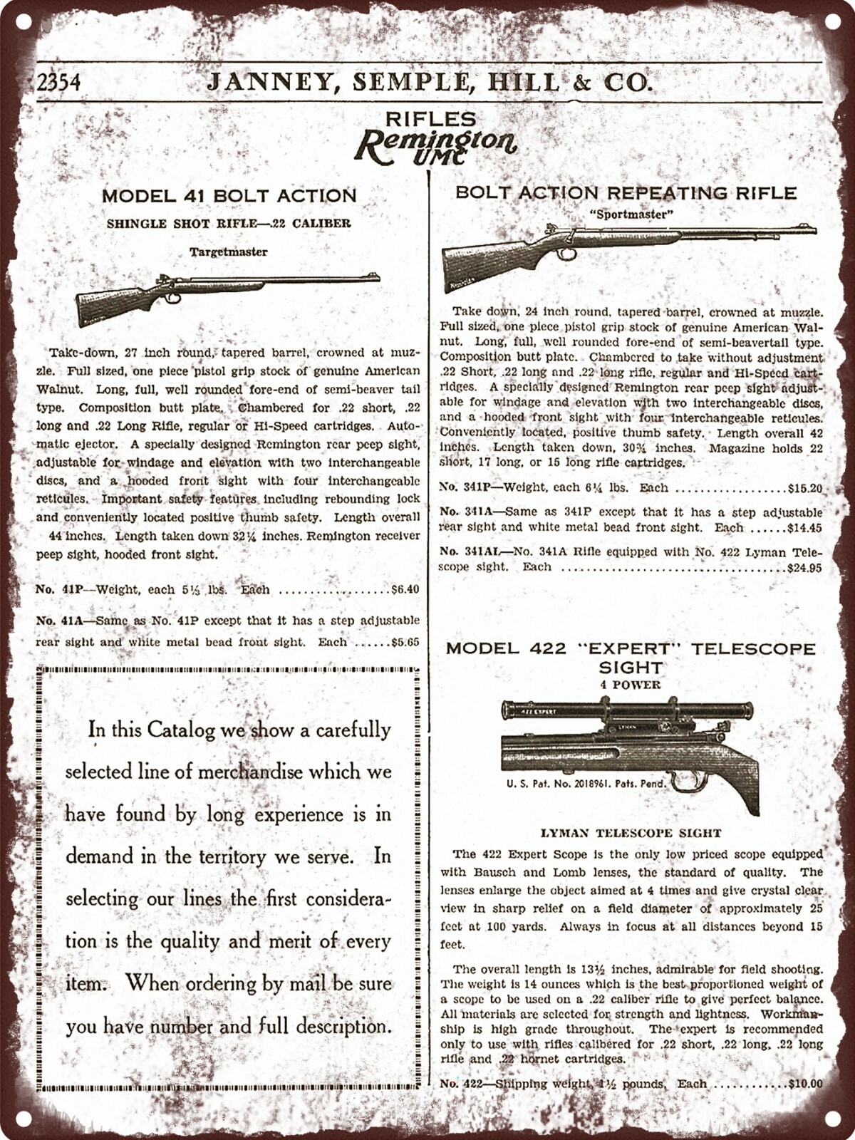 1936 Remington UMC Rifle Bolt action Model 422 Scope Metal Sign 9x12"  A064 | eBay