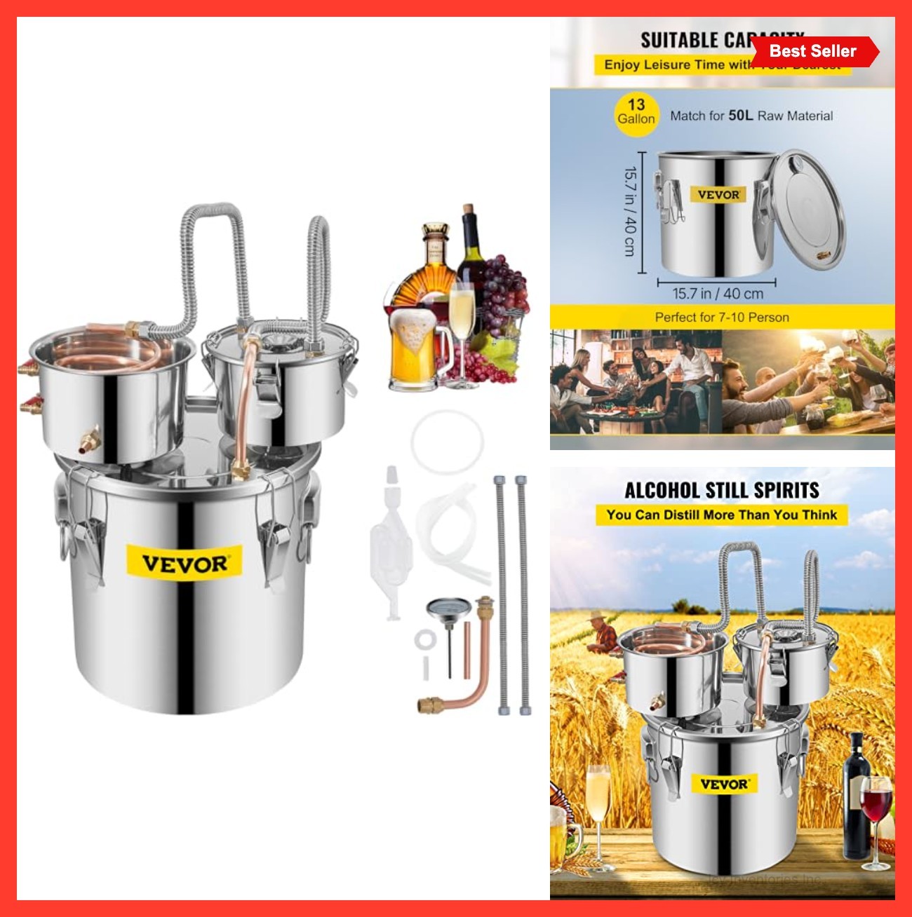 Alcohol Still 5 Gallon Distiller Kit with Thumper Keg Copper Tube Thermometer
