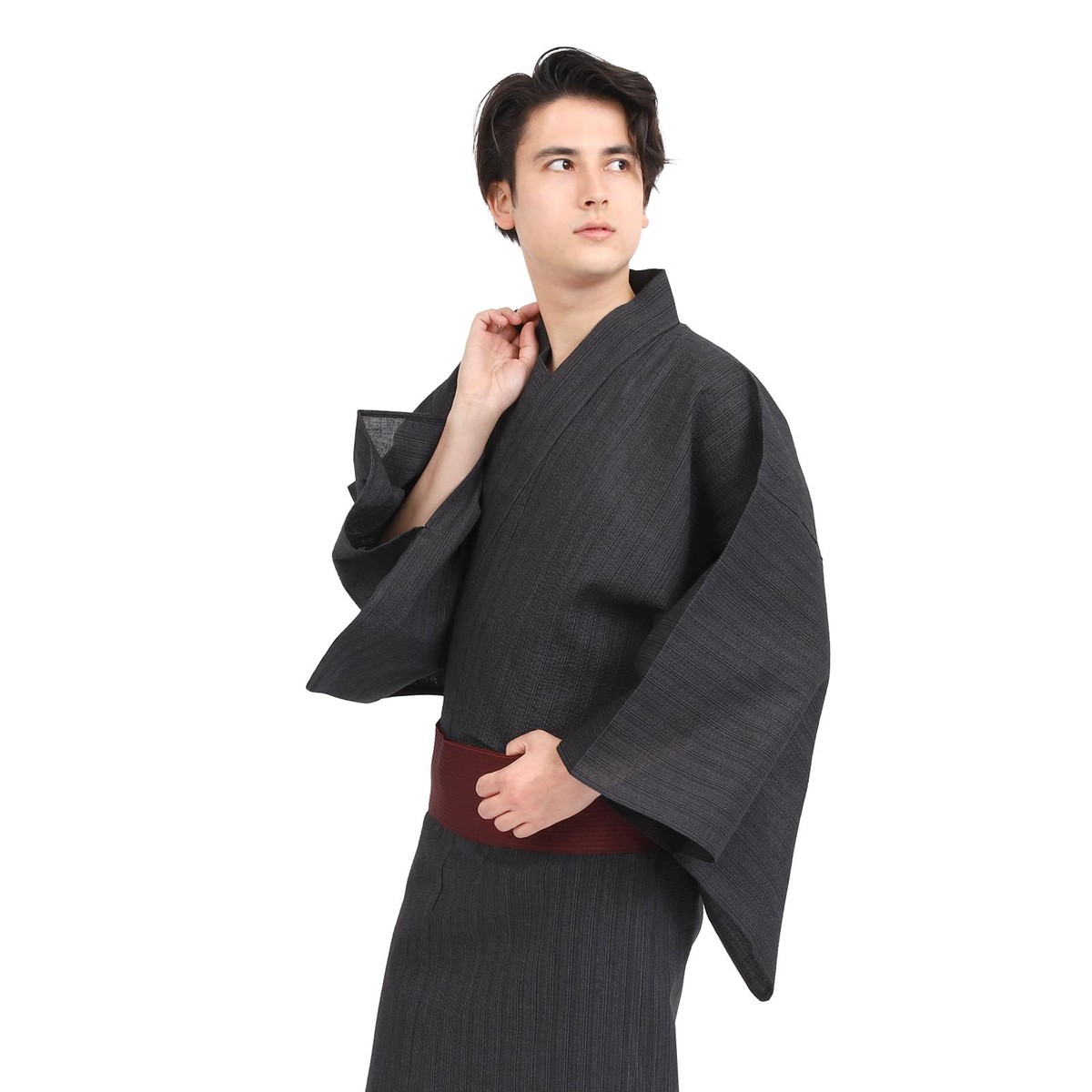 Japanese Men's Yukata and Easy Obi Belt Set Size M L LL Black WN17