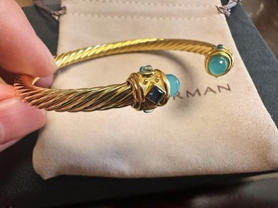 NEW*DavldYruman&Drman Genderless Spiral*Silver Green Stone Bracelet M 7.5''