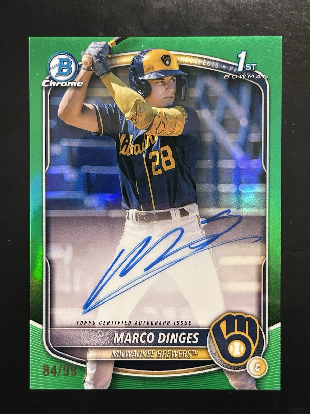 2025 Bowman Chrome Marco Dinges 1st Chrome True Green Refractor Auto /99 CPA-MD