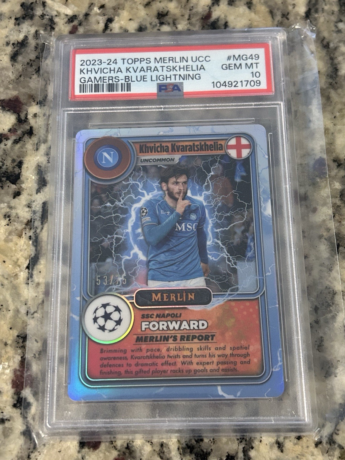 2023-24 Topps Merlin Khvicha Kvaratskhelia Gamers Blue Lightning /75 PSA 10