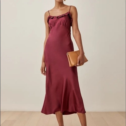 Reformation S Aribella Dress 100% Silk Ruffle Sleeveless Midi Bias Cut Burgundy