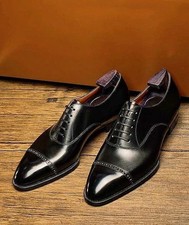 Bespoke Men's Black Color Leather Oxford Lace Up Cap-Toe Formal Party Shoes Men