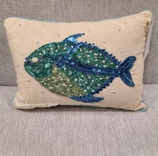 14" Coastal Collection Blue Fish Beaded Sequined Throw Pillow Gorgeous!