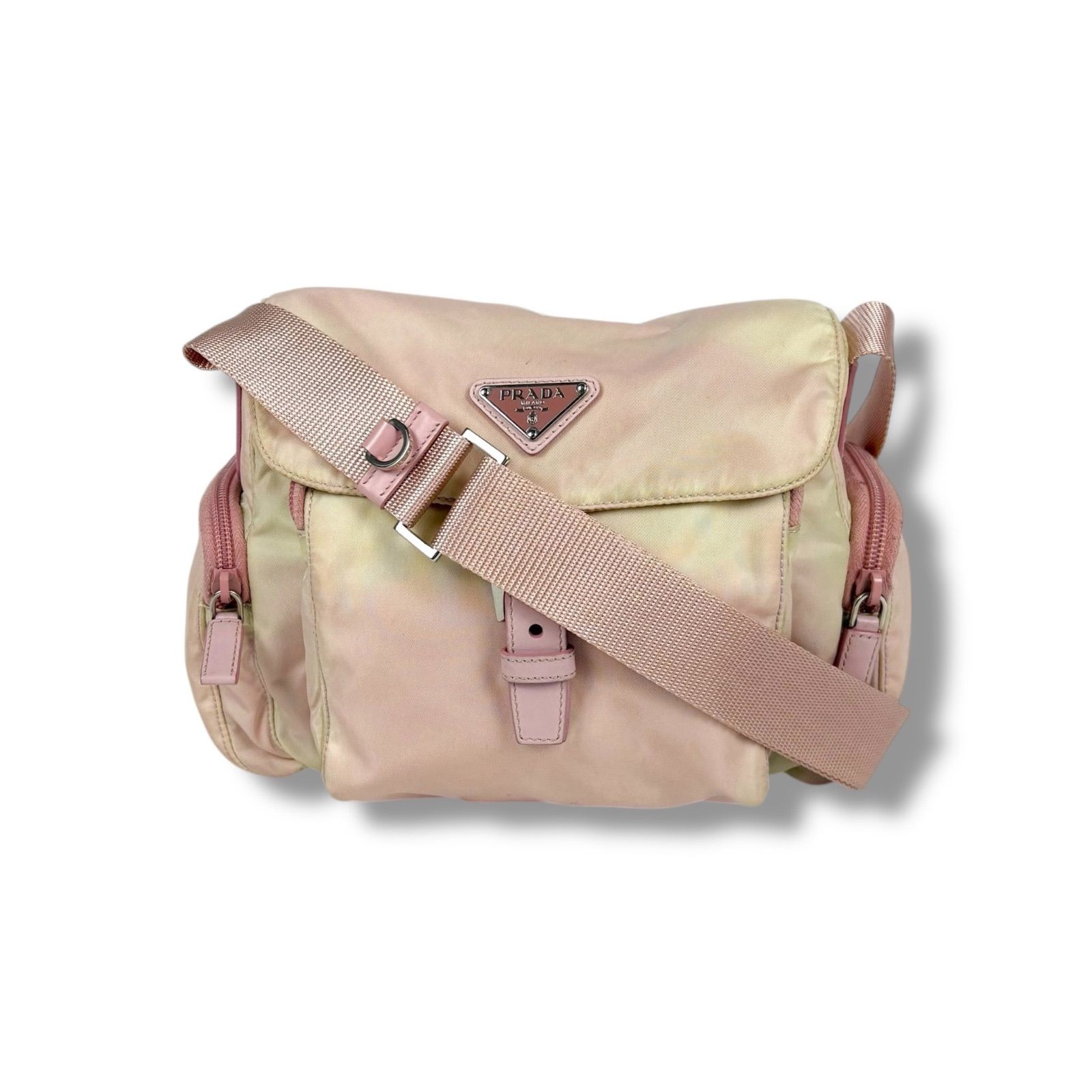 Prada W Pocket Triangle Logo Pink Nylon Shoulder Bag Crossbody Authentic
