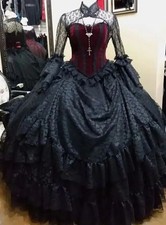 Burgundy Black Lace Victorian Ball Gown Long Sleeve Ruffle Corset Beaded Custom