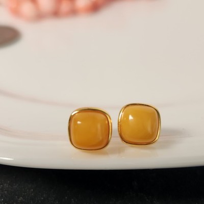 Natural Baltic Egg Yolk Amber Square 8.5mm Stud Earrings Yellow GoldPlate Silver