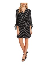 CECE Womens Black Tie Sleeves 3/4 Sleeve Short Evening Fit + Flare Dress 14