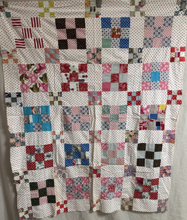 OMG! Antique Handmade Hand Stitched Feed Sack Nine Patch Quilt Top 41x52 #750