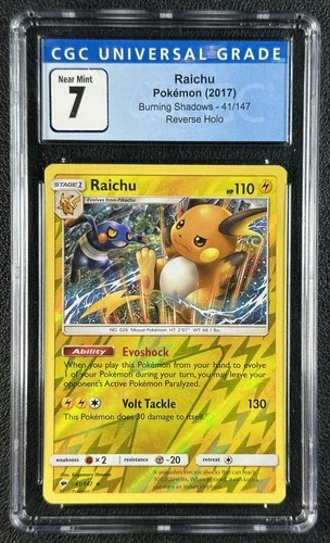 RAICHU CGC 7 2017 POKEMON SUN & MOON BURNING SHADOWS #41/147 REVERSE HOLO 7165