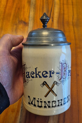 ANTIKER ORIG. HACKER BRÄU MÜNCHEN BIERKRUG MIT ZINN DECKEL GEBR. ALLMANN MÜNCHEN