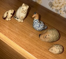 Studio Art Pottery Stoneware Animal Figurine Bundle. Cat Kitten Hedgehog Peacock