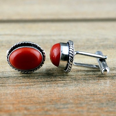 Red Coral Gemstone Handmade 925 Sterling Silver Jewelry Cufflink For Gift