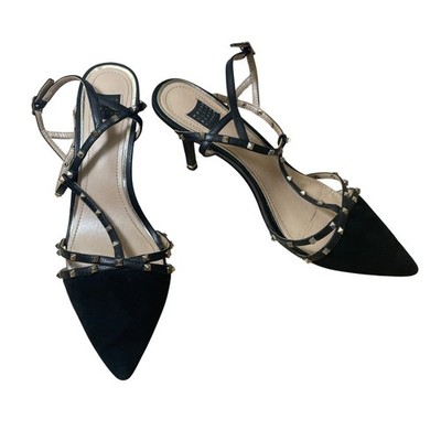White House Black Market Black Suede Studded Ankle Strap Pointed Toe Heels 8M